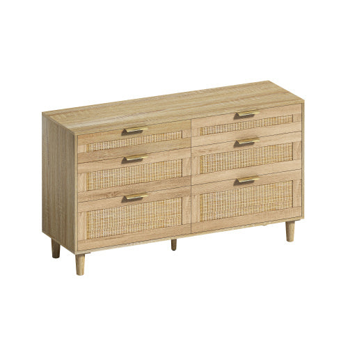 Rattan Dresser With Drawers, 6 Drawer Dresser For Bedroom, Clothes Storage Cabinet For Bedroom, Metal Handle&Wood Legs For Hallway, Living Room, Bedroom,Natural