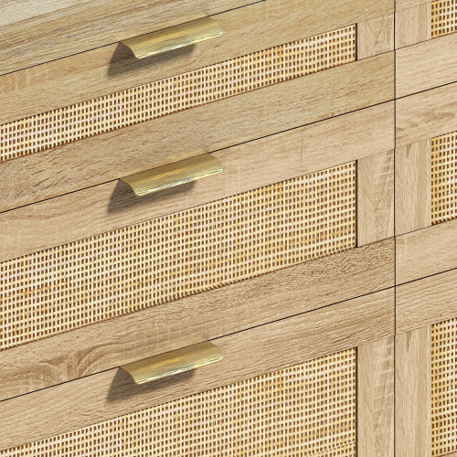 Rattan Dresser With Drawers, 6 Drawer Dresser For Bedroom, Clothes Storage Cabinet For Bedroom, Metal Handle&Wood Legs For Hallway, Living Room, Bedroom,Natural